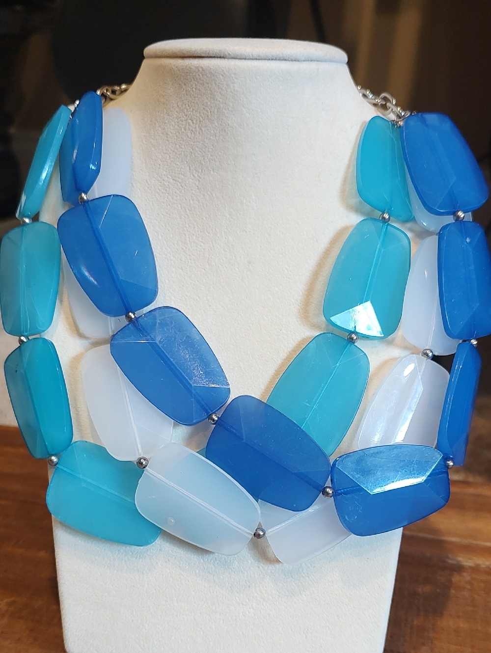 Chunky Blue Triple Strand Necklace 20 Inches Plus 3 Inch Extender